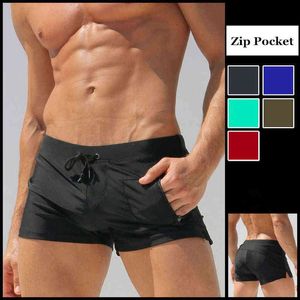 Roupas de banho masculinas Hot 2020 Swimsuit para homens de banho de banho sexy de maiô de praia de praia gay boxer gay boxer zíper vertical bolso j220913