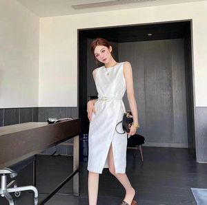 Women's Dresses Fashion office lady work dress mid length above ankle with full letters printed in black color sleeveless with side split slim design SML A005