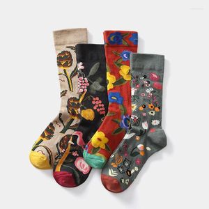 Herrstrumpor Q Fashion Cotton Street skateboard Sock unisex andningsbart blommönster 1Pair Middle Tube Söta kvinnor broderi