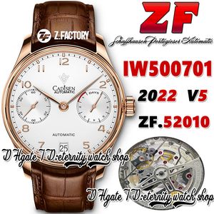 ZF V5 ZF500701 A52010 Automatyczna męska zegarek Białe zasilacze Markery Numer rozbioru Rose Gold Staloms Case Brown Skórzany pasek 2022 Super Edition Eternity Watches