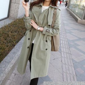 Women's Trench Coats Women's Autumn Vintage Women Coat Solid Green Loose Long Overcoat Casual Winterjas Dames Simple Jacket Large Size