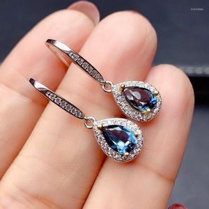 Dangle Earrings Elegant Drop Shape Created Dark London Blue Natural Topaz Cubic Woman's Silver