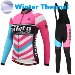 2024 Pro Women Waves Pink Winter Cycling Jersey Set Long Sleeve Mountain Bike Cycling Clothing Breattable MTB Bicycle Clothes Wear Suit B17