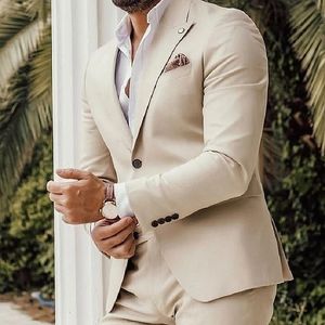 Men's Beige Suit italiensk klassisk stil Tuxedos toppade krage byxor för bröllopsfestdräkt Homme