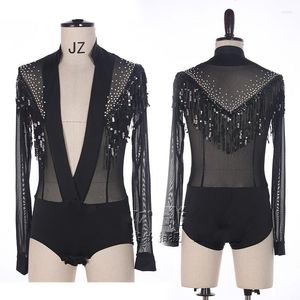 Abbigliamento da palco Abiti da ballo latino con strass lucidi Top con scollo a V Camicie da uomo Abiti da ballo da sala Abiti da competizione professionali maschili