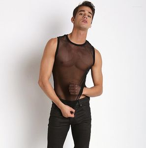 Herrtankstoppar mesh väst manlig ihålig ut sommaren transparent tunn genomskinlig sexig bas