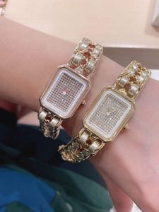 Brand Fashion Women Leather Quartz Watch Boyfriend Rectangle Premiere Wristwatch Vintage Two Row Champagne Color Watch Weaving Bracelet Lady Boy-Friend Clock 26mm