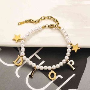 Chokers Jewel Titanium steel small fragrance pearl letter five pointed star bracelet necklace set manual string jewelry combination