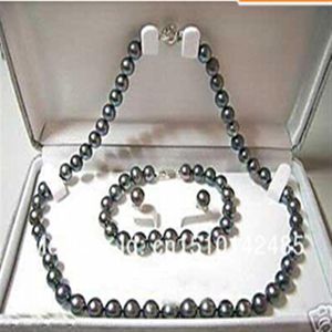 Nowy znakomity oryginalny zestaw biżuterii perłowej Naturalny czarny naszyjnik Black Black Pearl Bransoletka Set2310