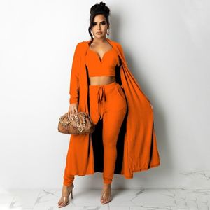 Women's Two Piece Pants Women's Stretch Ribbed Women 3 Set Plunging V-neck Crop Top Full Sleeve Cardigan High Waist Drawstring Pencil