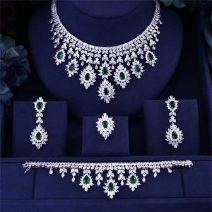 Other Jewelry Sets Green Blue Black Red cubic zirconia necklace drop earrings bracelet and ring 4pcs dubai wedding Bridal full jewelry set 220921