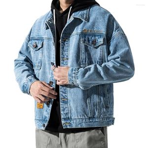 Herrjackor Autumn Stylish Korean Style Turn-Down Collar Jeans Coat Tops Denim Solid Color for Working