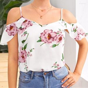 Kadın bluzları kadın gömlekleri yaz tatlı rahat sapan 2022 moda kadın bayanlar kısa kollu kapalı omuz çiçek baskılı uydurma