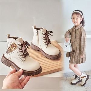 Boots Autumn Winter Fashion School Girls Leather Short Metal Exquisite Decoration Kid Lace Up Zip Shoes Boy Plush Pu Ankle 220921