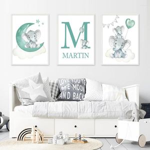 Paintings Customized Name Blue Green Moon Gray Elephant Posters Nursery Canvas Painting Wall Art Print Picture Kids Room Home Decoration