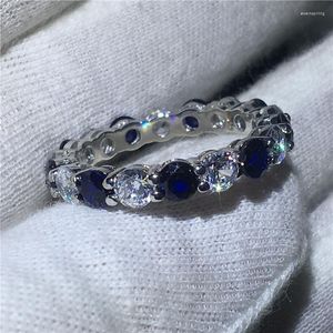 Klusterringar handgjorda finger smycken 925 sterling silver ring sona blå 5a zirkon sten engagemang bröllop band för kvinnor män gåva