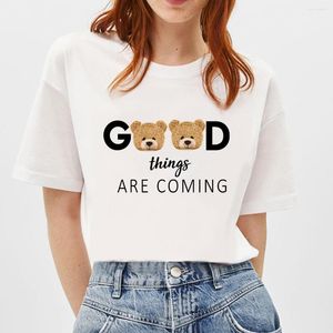 Women's T Shirts BLINGPAW Graphic Teddy Bear Good Things Are Coming Letter Print T-shirt White Cotton Unisex Tees Summer Tee