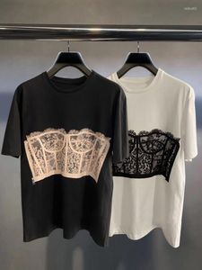 Camisetas de alta qualidade mulheres em torno do pescoço superior feminino 22 início da primavera corpo sutiã de renda frente e volta impresso manga curta camiseta