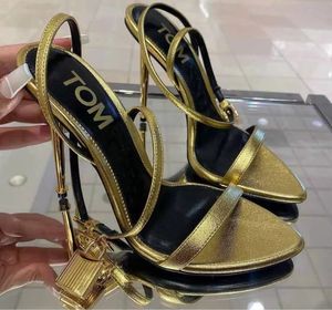 Lady Sandal Vorhängeschloss Nackte Sandal-Luxusmarken Gold Heel Tomfords-Heel Shiny Nappa Lederspitze Hochzeitsfeier Kleid Pumpe Knöchelriemen mit Schachtel