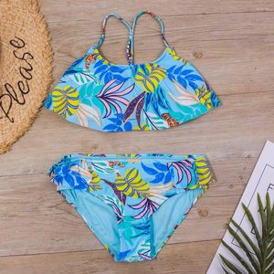 Kobiety stroju kąpielowego Falbala Print Kids Swimsui 7-14 lata Dzieci Dwuczęściowe bikini 2022 Summer Simming Suit Girls Biquini Infantil