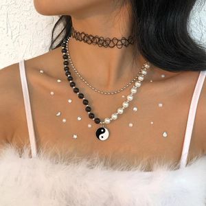 Pendant Necklaces Fashion Black White Faux Pearl Chain Yin Yang Tai Chi Necklace For Women Female Men Vintage Chinese Style Peace Jewelry