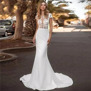 Wedding Dress Elegant Simple Mermaid Gown 2022 Short Sleeve High Neck Illusion Lace Applique Satin Sweep Train Custom