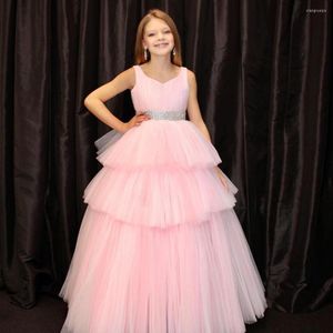 Girl Dresses Ruffle Pageant Dress 2022 Ballgown Sleeveless Long Gown For Little Infant Toddler Teen Beading Waist Blue Pink