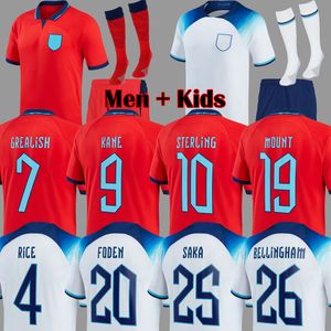 2022 Koszulki piłkarskie Puchar Świata Sancho Rashford Anglia Kane Sterling Grealish National Team Football Zestaw Red Shirts Białe niebieskie Zestawy dla dzieci