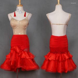 Scenkläder glänsande strass kvinnors latin dansklänning hud färg bodysuit röd kjol och onesies tvådelar balsal tävlingskläder
