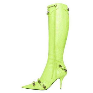 Women Boots New Sexy Solid Color Cays Thin Thight Cheels في Autumn 2022 عتيقة مشبك المعادن سحاب طول الركبة أحذية شرابة الألياف 43 0709