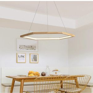 H￤ngslampor 2022 Modern Hexagon Wood LED -lampa f￶r levande matsal K￶kskorridor Lyster H￤ngande takarmaturer Belysning