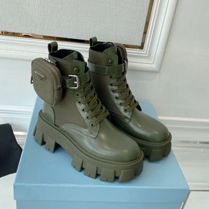 Stivali da combattimento alla caviglia in pelle verde militare Piattaforma per ragazze Zeppe Sneakers stringate con marsupio in nylon Punta tonda Tacco largo Stivaletti piatti Chunky Luxury Designer Women Zapatos