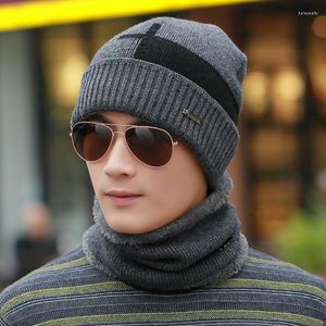 Berets Men Female Warm Winter Cap Scarf Twinset Thick Cloth Knit Hat Windproof Thermal Scarves Keep Sets Fashion