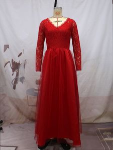 Kırmızı V yaka dantel nedime elbise uzun kollu taban uzunluğu resmi parti elbiseler