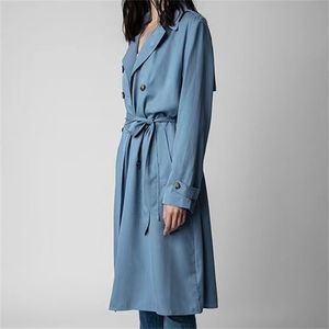 Damen Trenchcoats Mantel Damen Herbst und Winter Britischer Stil Mode Persönlichkeit Design Blau V-Ausschnitt Langarm Gürtel Windjacke 220920