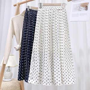 Юбки Peonfly Ladies White Black Polka Dot MIDI Случайный весенний летний шифан с плиссированной высокой талией в середине теленка Longa Saia