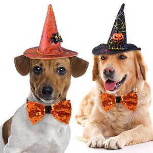 Hundkläder Halloween Hattar Pumpkin Mönster Spindel Web Wizard Creative Pet Party Dekorera BAT -dräkt för små kattförsörjningar 220920