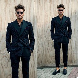 Men's Suits Spring /Autumn Tailor-Made Printed Wedding Mens Tuxedos Custom Made Black Peaked Laple Jacket With Pants Groom Wear Blazer