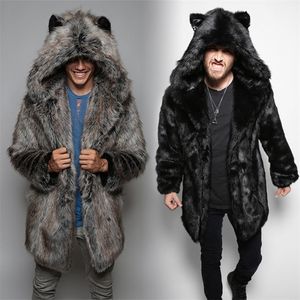 Men's Leather Faux Winter Fur Thick Warm Coat Long Sleeve Fashion Hooded Jackets Bear Plush Cardigan Blouse Casual Male Parka Snow Wear 220920