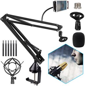 Microphone Arm Mic Arm Stand Boom Suspension with Shock Mount Wind screen Pop-up Filter Screw Adapter Clip for Phone Holder Yeti x Broadcasting Voice over Recording.