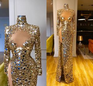 Lyxguld O-hals Prom Party Dresses Mirror Natural Straight African Long Sleeve Floor-Lengen paljett Kvinna Kv￤llskl￤nningar