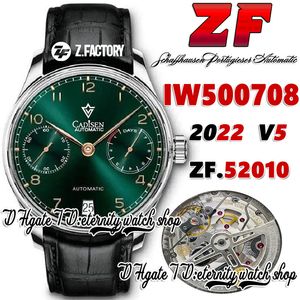 ZF V5 ZF500708 A52010 رجال أوتوماتيكي مشاهدة خضراء احتياطي الاتصالات العلامات الذهب علامات القضية غير القابل للصدأ حزام جلدي أسود 2022 Super Edition Edethity Wristwatches