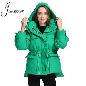 Kvinnor Down Parkas Jxwatcher Down Jacket Kvinnlig vinter Ankomst Kvinnor Fashion Solid med huva kappa midja justerbar super varm överrock 220921