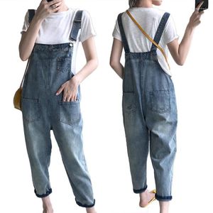 Kvinnors jumpsuits Kvinnor Rompers Casual Women Pockets Loose Suspender denim Övergripande Dungarees Ninth byxor Jean Jumpsuit Overalls