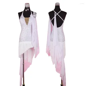 Stage Wear Full Body Regestone onregelmatig ontwerp Latin Dance Dress Women Competities Kostuums Witte Tassel Dancing Rok avondjurken