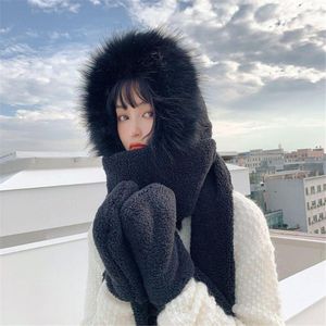 BERETS 2022 Fashion Winter Women Beanies Caps Warm Hat Casual Plush Scarf Gloves Set Faux Fur