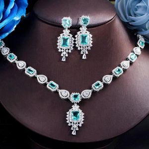 Halsbandörhängen Set Threegraces Delicate Light Green Cubic Zirconia Geometric Square Wedding Party Jewelry for Brides TZ699