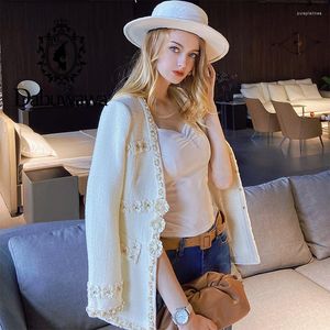 سترات نسائية Dabuwawa الحصرية عتيقة صلبة صلبة لؤلؤة تويد سترة معطف معطف v-neck سيدات طويلة الأكمام خارج الملابس do1cso004