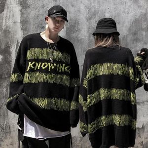 Suéteres masculinos ondas de rádio de hip hop masculino masculino pullovers listrados verdes harajuku moda redonda malha de malha pulôver