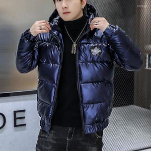 Parka da uomo in piumino da uomo blu giacche riflettenti la luce con cappotti bianchi alla moda con cappuccio grigio peluche soffice uomo lussureggiante per il freddo imbottito